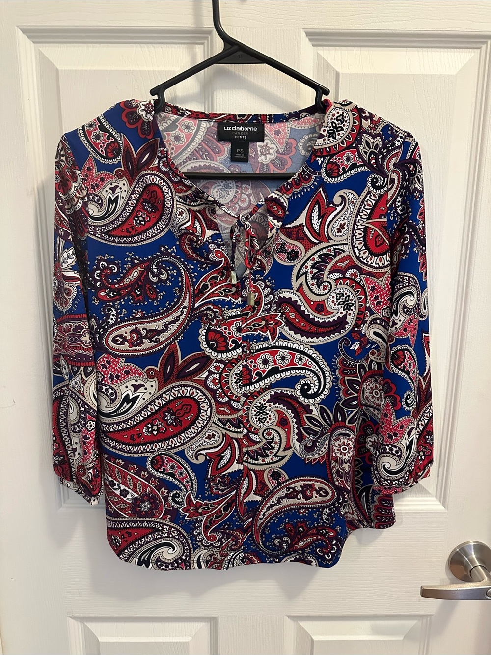 Liz Claiborne Red, Blue & White Paisley Lace-Up Blouse